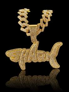 European & American Hip Hop Full Rhinestone SHARK Shark Letter Pendant Cuban Chain, Unisex Heavy Rhinestone Inlaid Thick Chain, American Rap Street Style Personalized Gold & Silver Dual Color Collarbone Accessory - Shark - View 4