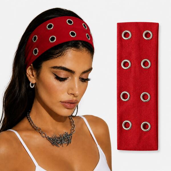 1pc Women's Red Metal Eyelet Wide Elastic Headband Hair Accessory, Fashionable & Personalized Headwear