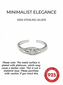 1pc Adjustable Silver Sterling Micro-Inlaid Zirconia Stone Ring, Minimalist & For Women - Silver - View 1