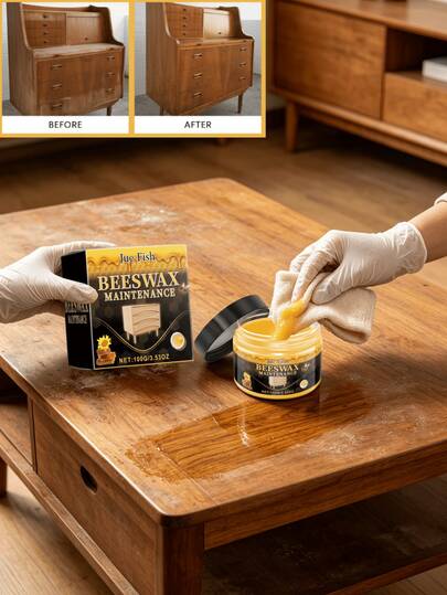 JUE FISH Pulimento de muebles de cera de abeja natural, remedio de cuidado de muebles de madera de uso múltiple en el hogar. Nutre profundamente varios muebles de madera maciza, mesas y sillas de palisandro, armarios, pisos y decoración de madera. Elimina fácilmente el polvo, las manchas, los arañazos menores y las marcas opacas y envejecidas. Pule y abrillanta uniformemente el acabado lacado, repara los granos de madera secos y agrietados, y acondiciona la madera para retrasar el envejecimiento y las grietas.