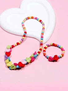 2pcs/Set Girls Cute Charming Bracelet & Necklace Set, Floral & Bead Design, Suitable For Holiday Party Birthday Gift, Random Color - one-size - View 5