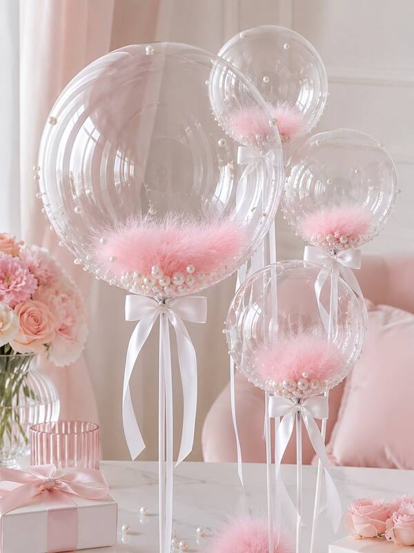 1 Set 20-Inch Clear Bubble Balloon Feather Pearl Combination Set, Includes Bubble Balloons, Feathers, Pearls And Ribbons, Suitable For Wedding Bride Party, Birthday Party, Reunion Party And Ballroom Party Background Decoration Party Balloon Set