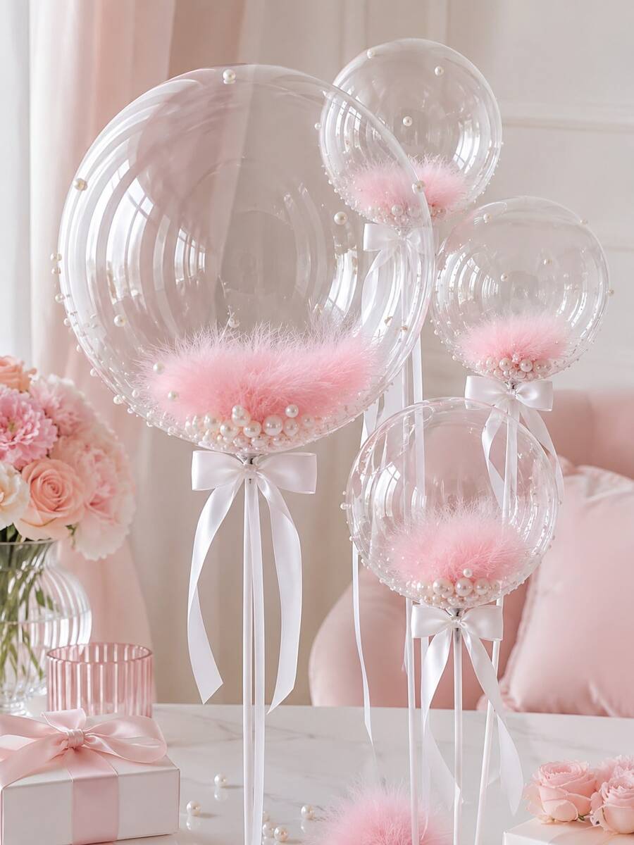 1/6pcs 20-Inch Clear Bubble Balloon Feather Pearl Combination Set, Includes Bubble Balloons, Feathers, Pearls And Ribbons, Suitable For Wedding Bridal Party, Birthday Party, Reunion Party And Ballroom Party Background Decoration Party Balloon Set - Pink - View 1