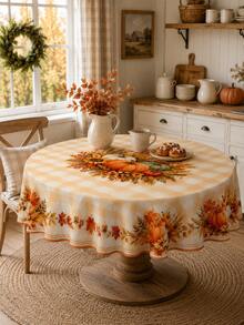 1PC Fall Plaid Oval Tablecloth With Pumpkin, Wheat, Sunflower, Maple Leaf And Harvest Centerpiece Print, Dining Table Cover, Party Atmosphere Maker For Thanksgiving Dinner, Family Gathering, Fall Decor, Room Decor And Home Decor - D - View 5
