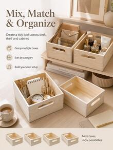 1pc Minimalist Natural Wood INS Style Rectangular Open-Top Storage Box, Light Wood Color, No Pattern, Hollow Side Handles, Mortise And Tenon Joint, No Lid, Smooth Polished Edges, Desktop Organizer For Stationery And Skincare, Cabinet Storage, Portable Hand-Carry, Multi-Scene Use, Stackable, Easy Access, Clutter Organization - Multicolor - View 6