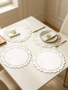 1-4pcs Gold Trim Double Layer Petal Embroidered Placemats, Korean Cream Style Fabric Round Wavy Edge Heat-Insulating Table Mats, Wedding Spring Afternoon Tea Table Decor - Multicolor - View 15