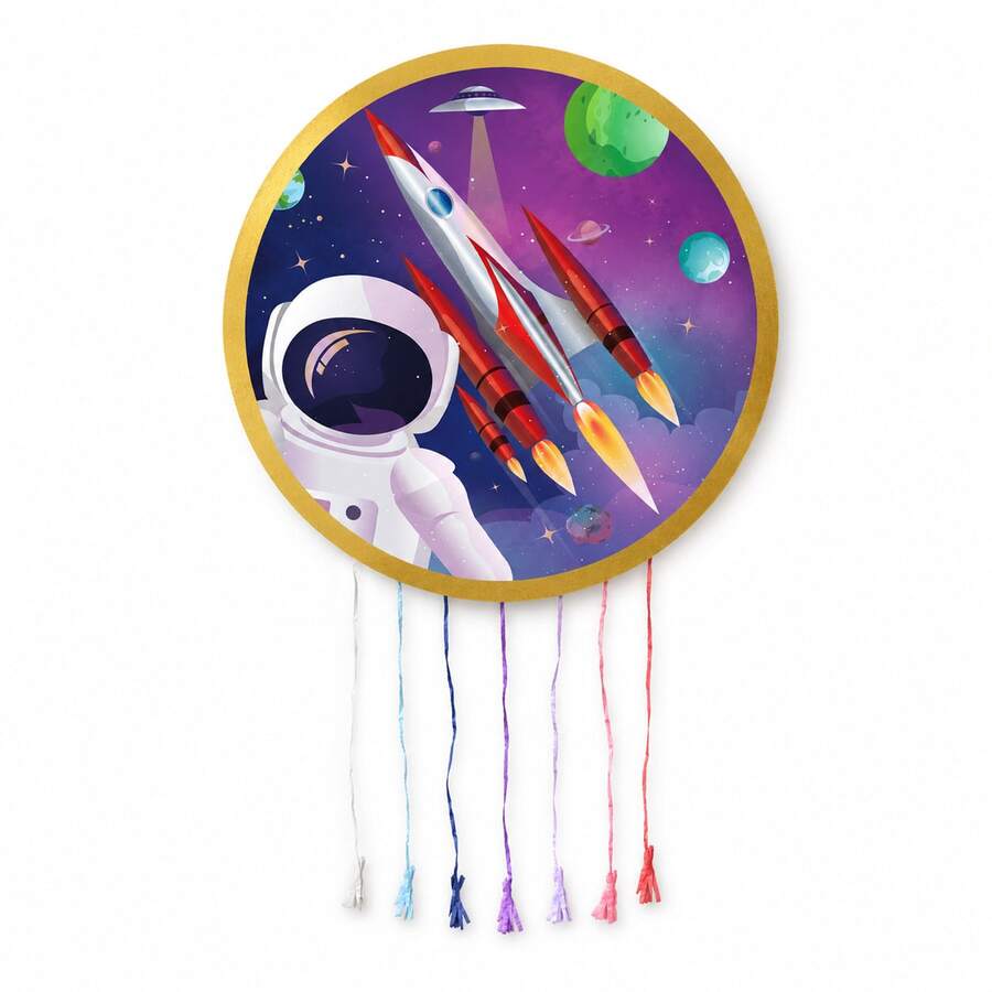 Piñata Infantil Espacial 43x43cm con Cintas para Tirar, Diseño de Astronauta y Cohetes, Decoración para Cumpleaños, Sin Relleno - Ver 1