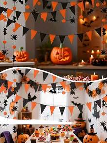 1pc Halloween Triangle Flag Decoration, Bat & Spider Silhouette Hanging Garland, Orange & Black Felt Triangle Banner, Indoor Home Fireplace Window Ceiling Party Backdrop Decor, Suitable For Halloween Celebration - Multicolor - View 5