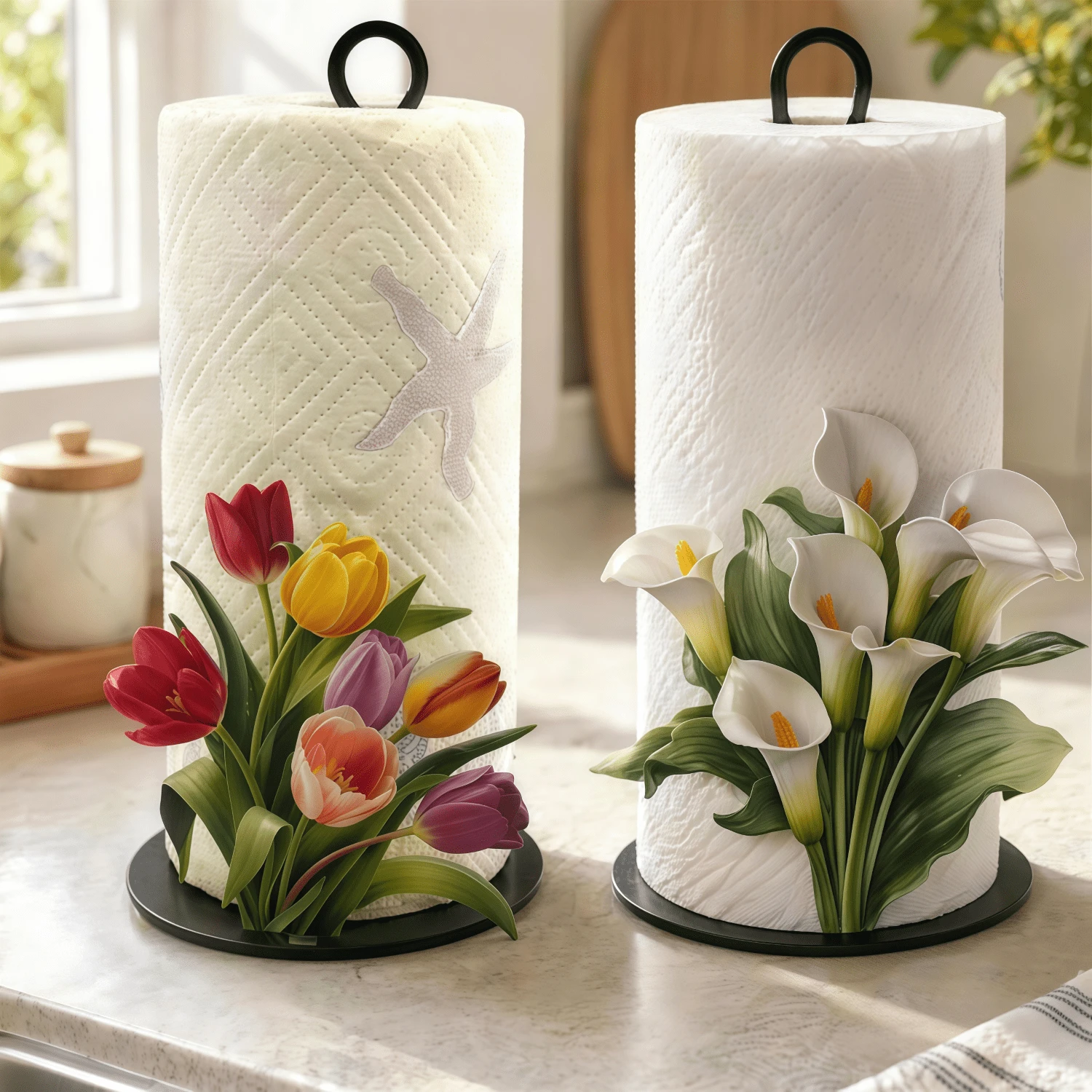 1pc Tulip & Calla Lily Decorative Paper Towel Holder, Easy Installation, Holiday Decoration, Suitable For Kitchen, Bathroom And Party Occasions, Paper Towel Rack, Kitchen Supplies, Desktop Organizer, Home Accessories, Dorm Essentials, Suitable For College Dorm, Perfect For Holiday Celebrations