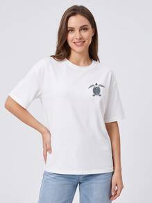 Fashionable Casual T-Shirt, With Short Sleeves And Round Neckline, Featuring Floral Patterns And Starfish Shell Designs,Fast Local Delivery - 白色 - 查看 1
