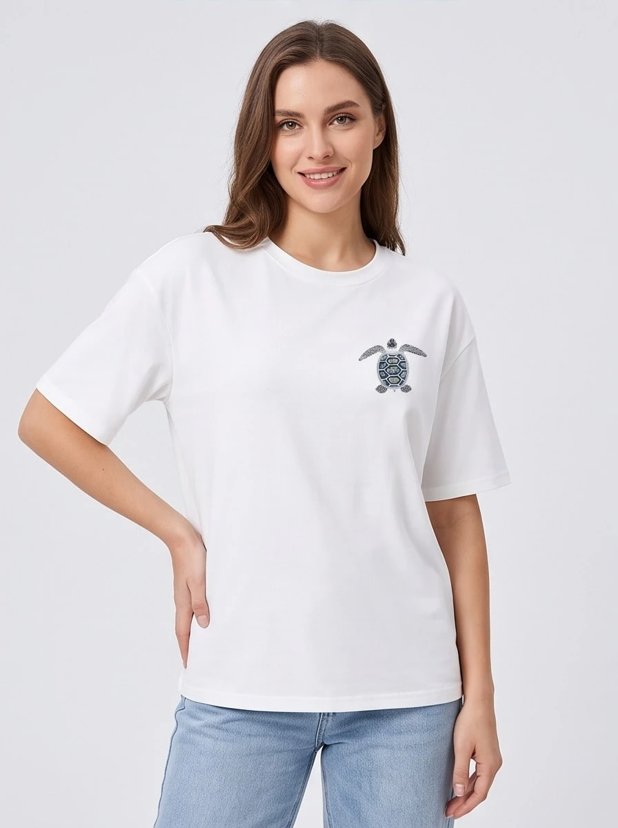 Fashionable Casual T-Shirt, With Short Sleeves And Round Neckline, Featuring Floral Patterns And Starfish Shell Designs,Fast Local Delivery - 白色 - 查看 1