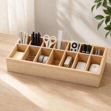 1pc Wooden Multi-Compartment Desktop Storage Box, Open-Top Storage Tray, Suitable For Cosmetics, Jewelry, Office Supplies, Craft Tools And Small Accessories - Apricot - View 6