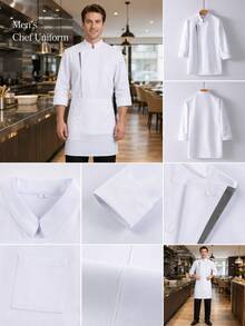 1pc Men's Solid Color Stand Collar Mid-Sleeve Chef Shirt, White Chef Jacket, Men's/Women's Chef Uniform, Casual And Minimalist Style, Suitable For Spring/Summer And All Seasons, Chef Uniform, Minimalist, Comfortable, Stain-Resistant, Oil-Resistant, Easy To Wash, Breathable, Durable, Non-Shrink, Easy Care, Professional Catering Apparel (White) - White - View 3