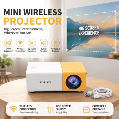 ZZPQVT 50 ANSI Lumens 1080P HD Mini Projector With Phone Connectivity, 240P Native Resolution, Compatible With HD, USB, AV, Laptop, Suitable For Home Theater, Camping Party, Office, Classroom (USB Type-C), Mirroring, Micro Home Cinema, Classic Power Supply, Old Movie Viewing, 20-80 Inch Screen, Compatible With USB/AV/TF/Smartphone, USB Powered, Holiday Gift