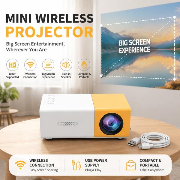 ZZPQVT 50 ANSI Lumens 1080P HD Mini Projector With Phone Connectivity, 240P Native Resolution, Compatible With HD, USB, AV, Laptop, Suitable For Home Theater, Camping Party, Office, Classroom (USB Type-C), Mirroring, Micro Home Cinema, Classic Power Supply, Old Movie Viewing, 20-80 Inch Screen, Compatible With USB/AV/TF/Smartphone, USB Powered, Holiday Gift