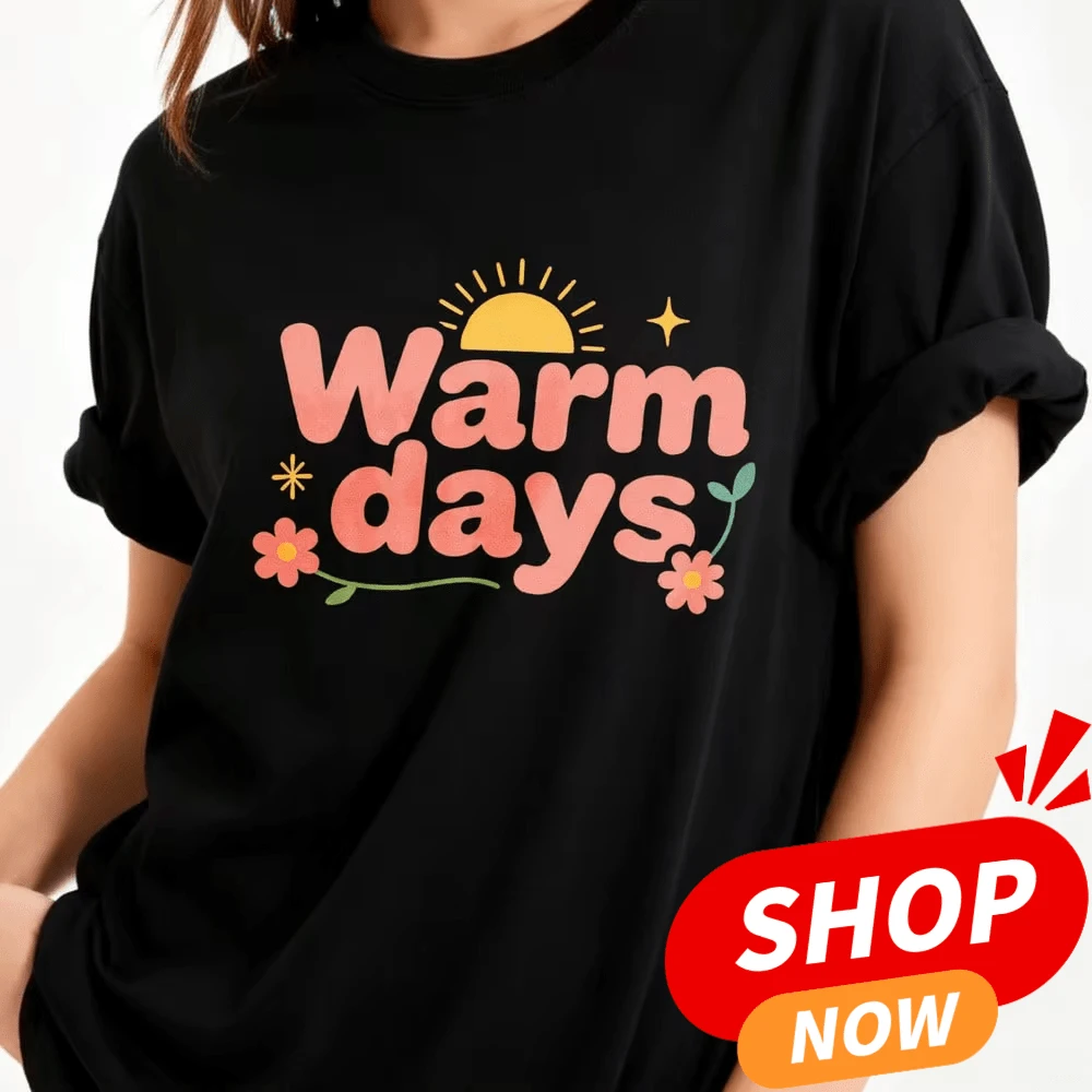 Large Size Casual Summer Style Ladies Loose Version 100 Round Neck T-Shirt, Warm Day Sunshine And Flower Design, Spring And Summer Graduation Season G - 黑色 - 查看 1
