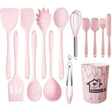 Non-Stick Silicone Kitchen Utensil Set, Heat-Resistant Cooking Tools, Kitchen Utensil Set, Includes Spatula, Soup Spoon, Strainer, Scraper, Brush, Food Tongs, Pasta Spoon, Heat-Resistant Silicone Kitchen Tools - Pink - View 9