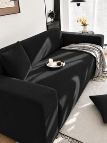 1 pieza Funda de sofá de seda de leche de unicolor con estiramiento + 1 pieza Funda de almohada a juego sin relleno, adecuada para todas las estaciones - Negro - Ver 9