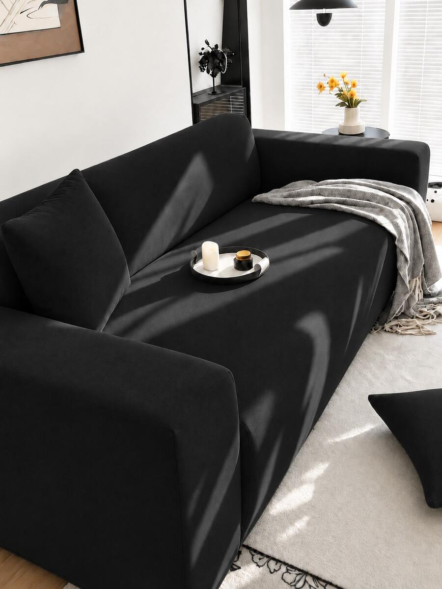 1pc Solid Color Milk Silk Stretch Sofa Cover + 1pc Matching Pillow Cover Without Filler, Suitable For All Seasons