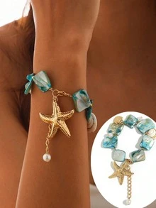 1pc Bohemian Style Ocean Vacation Gold Starfish Shell Multi-Pendant Women's Necklace, Suitable For Women's Beach Vacation, Party, Casual Wear, Multi-Functional Women's Jewelry - Durable All-Year Gift, Necklace Charm, Ocean Theme Jewelry, Stable Color Beads, Holiday Gift - Multicolor - View 8