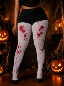 Women's Halloween White Red Blood Splatter Pattern Cosplay Tight Leggings - White - View 9