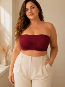 1pc Plus Size Women's Burgundy Strapless Wire-Free Bra, Front Ruched Waist, Back Honeycomb Mesh, Removable Padding Seamless Bandeau Lingerie - Red - View 1