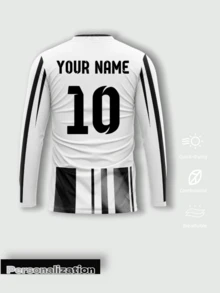 客製化 Turin Home 2526 賽季長袖條紋足球球衣上衣，經典黑白垂直條紋配粉色袖口飾邊，運動布料 - 黑與白 - 查看 3