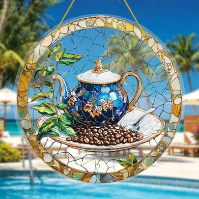 Glass Material-2D Flat - 1pc, Blue Teapot And Coffee Beans Stained Glass Style Glass Suncatchers, Kitchen Decor (8'*8'), Coffee Tea Theme Home Decor, Window Decorations, Window Sun Catcher, Interior Decoration,