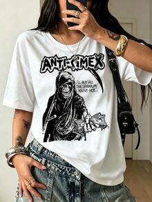 Anti-Cimex Grim Reaper Punk Graphic T-Shirt Pure Cotton Vintage Skeleton Money Pattern Underground Punk Casual Tee - 白色 - 查看 1