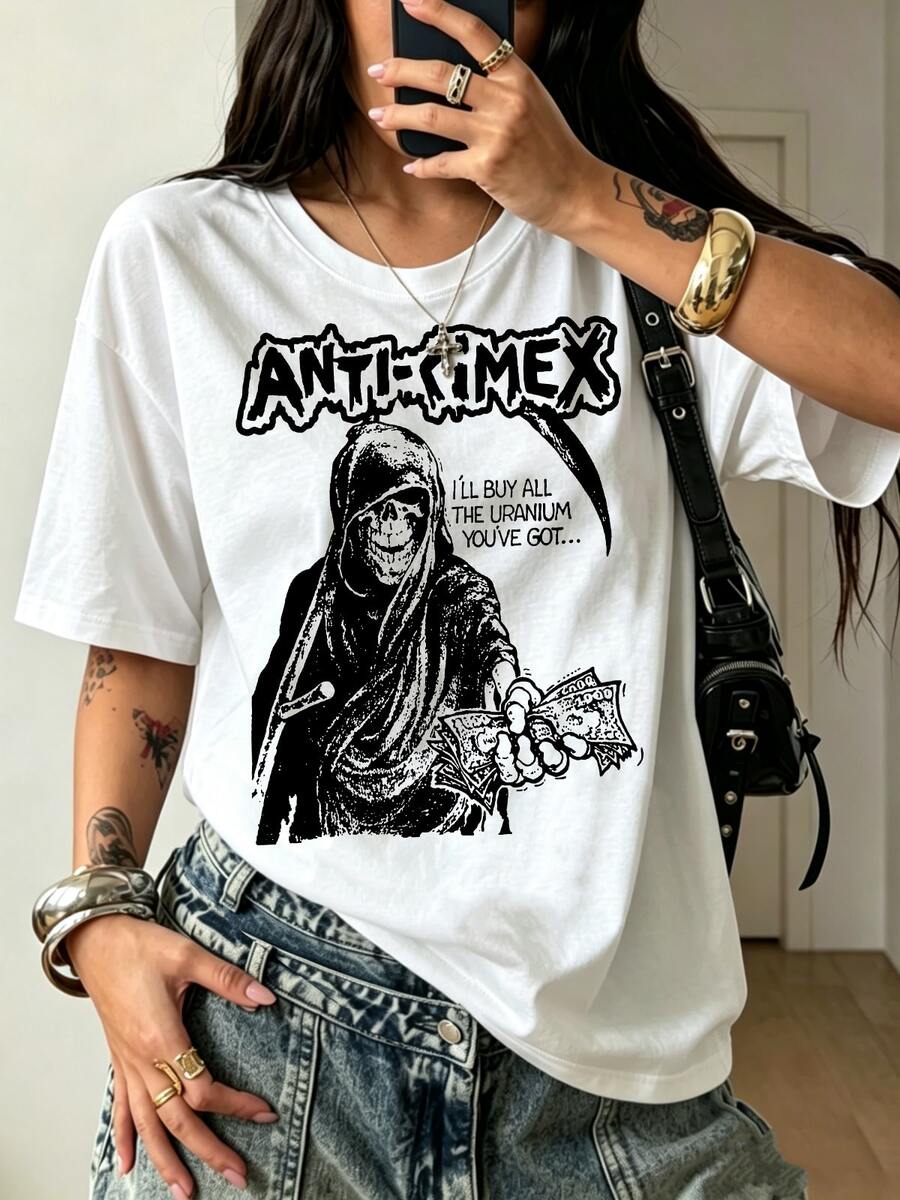 Anti-Cimex Grim Reaper Punk Graphic T-Shirt Pure Cotton Vintage Skeleton Money Pattern Underground Punk Casual Tee - 白色 - 查看 1