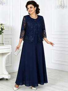 Elegant Plus Size Mother Of The Bride Gown With Embroidered Jacket, V-Neck Dress, Suitable For Formal Occasions - Navy Blue - View 9