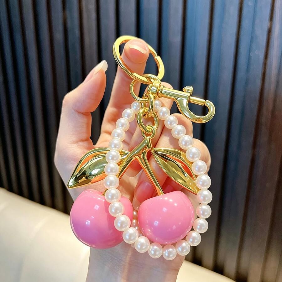 1個時尚櫻桃鑰匙圈,附閃亮樹脂吊飾,合金材質,可客製化C型鉤扣,適用於女士錢包與包包,送給家人朋友的理想禮物 - 玫紅色 - 查看 1