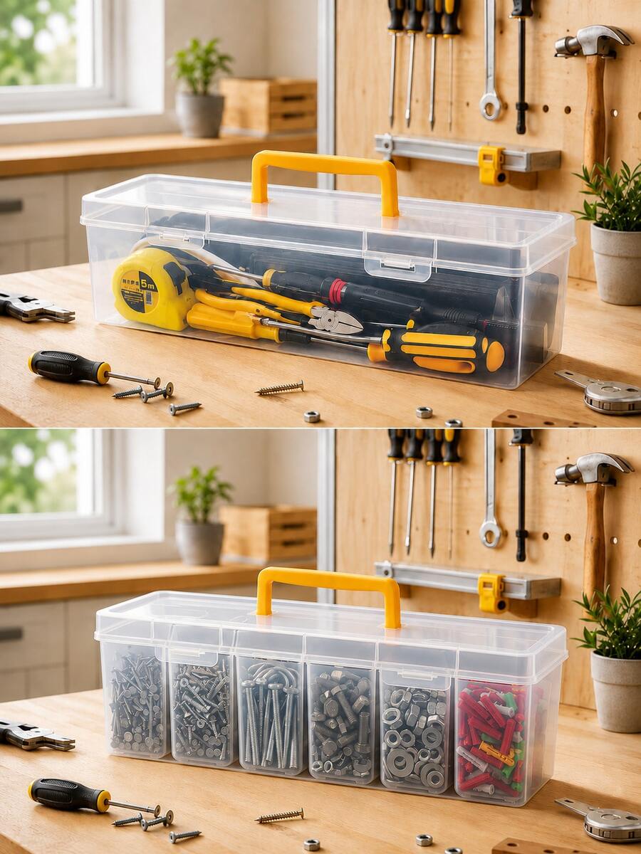Transparent Plastic Hardware Storage Box, Detachable Divider Parts Organizer, Portable Screw & Small Accessories Sorting Container, Multi-Compartment Handheld Tool Storage Box, Suitable For Home Repair - A - View 1