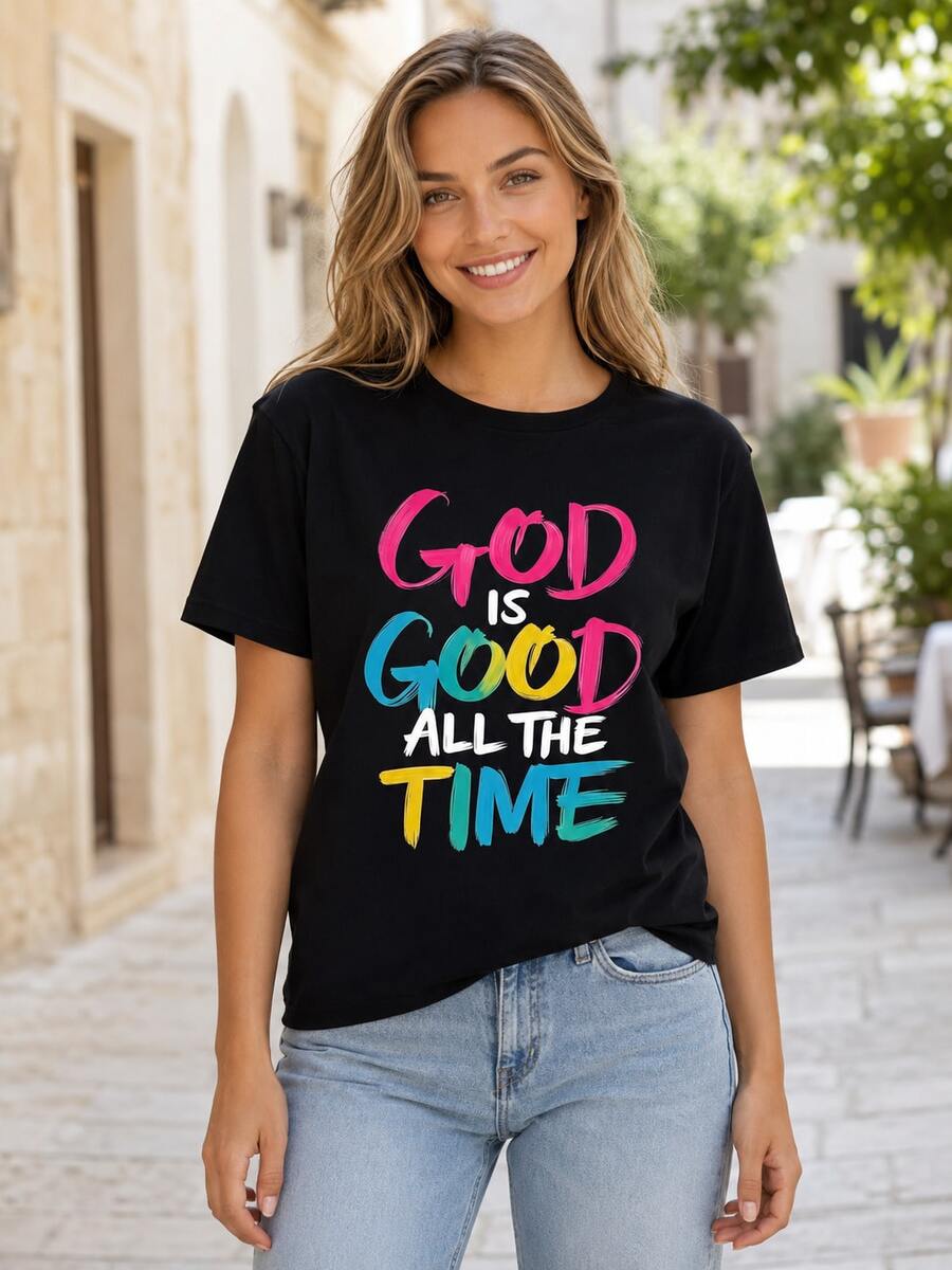Loose Design/Plus Size"God Is Always Good"Christianity T Shirt Women's Religious Belief Statement Pattern T Shirt Casual Summer Tops - 黑色 - 查看 1