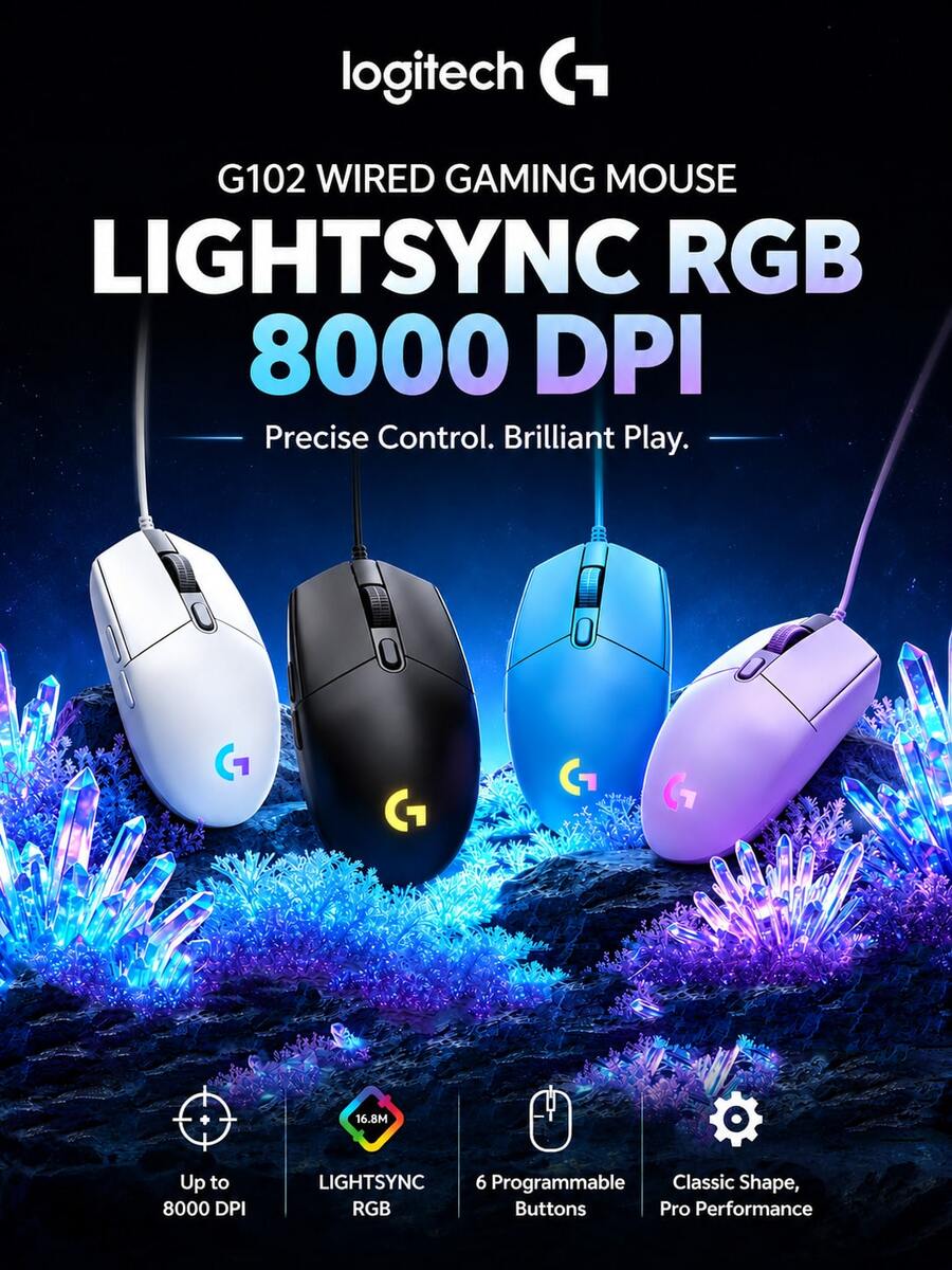 Logitech Mouse berkabel G102 memiliki desain ringan, efek pencahayaan RGB, sensor 8000 DPI, portabilitas, desain klasik, dan pegangan yang nyaman, sehingga cocok untuk tangan berukuran kecil hingga sedang. - View 1