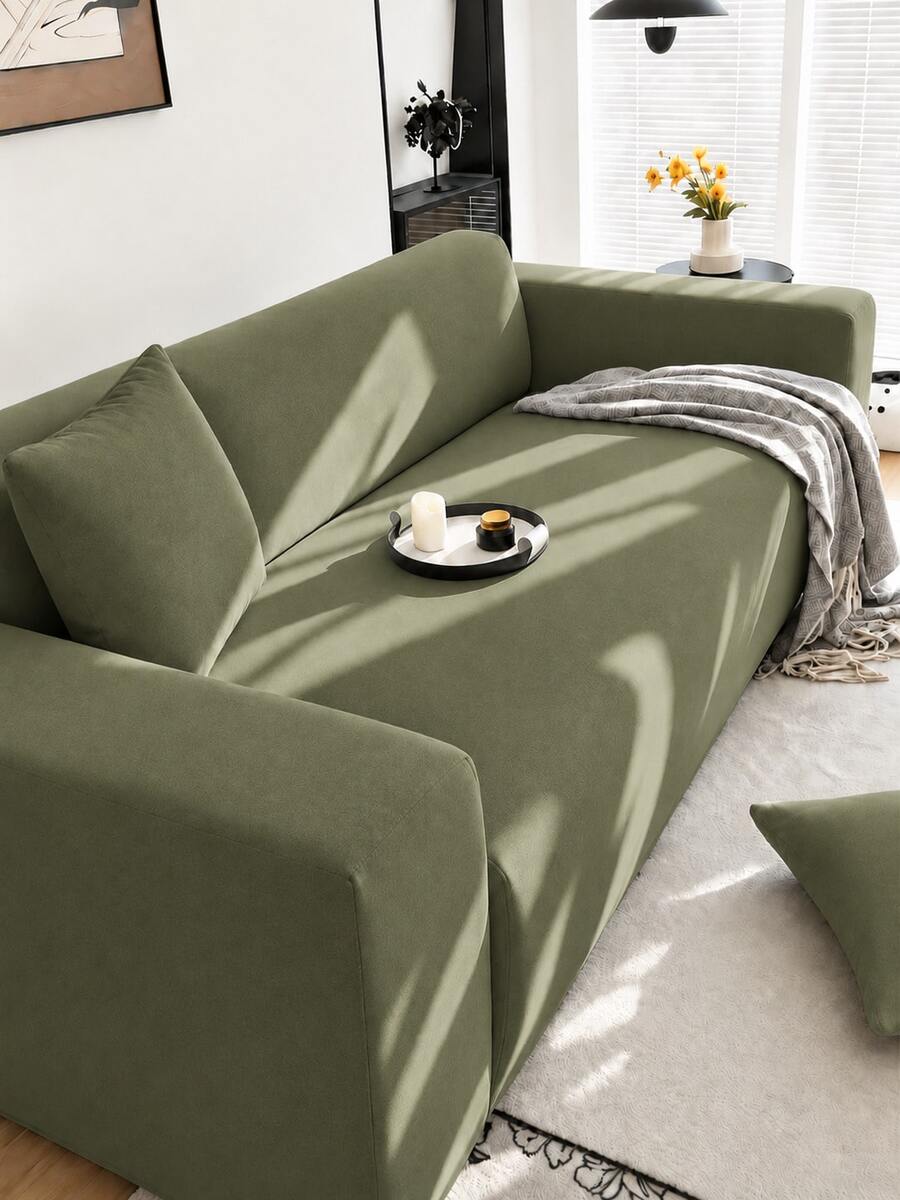 1pc Solid Color Milk Silk All-Season Stretch Full-Coverage Sofa Cover + 1pc Matching Unfilled Throw Pillow Cushion Cover