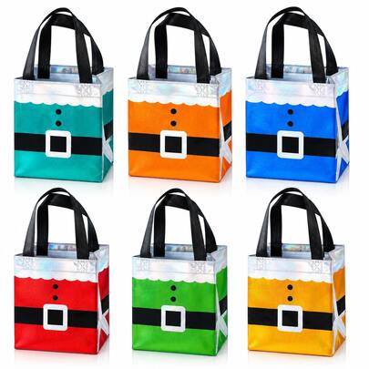 12pcs Christmas Gift Bags, 6 Colors Shiny Santa Claus Belt Handheld Bags, Holiday Gift Packaging Bags, Suitable For Christmas Party, New Year Gift Wrapping