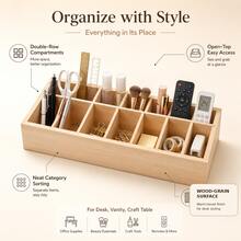 1pc Wooden Multi-Compartment Desktop Storage Box, Open-Top Storage Tray, Suitable For Cosmetics, Jewelry, Office Supplies, Craft Tools And Small Accessories - Apricot - View 1