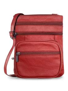 Women's Genuine Leather Crossbody Bag, Adjustable Shoulder Purse, Lightweight Travel Handbag For Work, Shopping & Daily Use - 紅色 - 查看 1