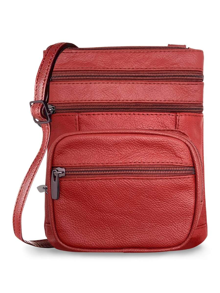 Women's Genuine Leather Crossbody Bag, Adjustable Shoulder Purse, Lightweight Travel Handbag For Work, Shopping & Daily Use - 紅色 - 查看 1