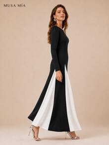 High Neck Velvet Color Block Chiffon Maxi Evening Dress - 黑色 - 查看 3