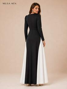 High Neck Velvet Color Block Chiffon Maxi Evening Dress - 黑色 - 查看 5