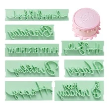 8pcs Birthday Greeting Cake Text Stamp Set, Anniversary Celebration Handwritten Letter Cutting Tool Kit, DIY Cake And Pastry Decoration, Embossed Stamp, Baking Supplies - View 1