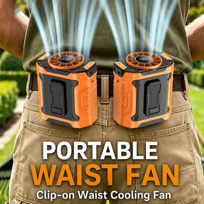 3-In-1 Portable Waist-Hanging Fan | Cooling And Heat Relief In High-Temperature Outdoor Places, 199-Speed Adjustable, 5000mAh Battery USB Rechargeable, Digital Display, LED Flashlight, Emergency Flashlight Function.