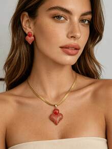 304 Stainless Steel Striped Oil Drop Double Heart Pendant Snake Chain Necklace, Hypoallergenic Non-Fading Vintage Women's Daily Beach Accessory, Valentine's Day Gift. - Multicolor - View 7