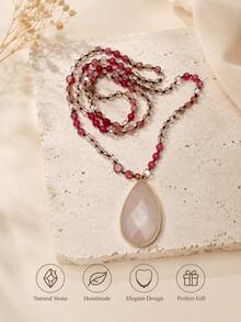 1pc New Spring Bohemian Vintage Natural Stone Glass Woven Necklace, Glass Connected Square Imperial Stone Pendant, Women's Sweater Chain Necklace - NK2634 - View 9