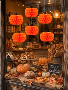 10 Inch Autumn Pumpkin Honeycomb Paper Hanging Decor, Warm Orange 3D Honeycomb Pumpkin Shape With Black Swirl Pumpkin Stem, Suitable For Halloween, Thanksgiving Harvest Party, Indoor Dining Table Ceiling, Outdoor Yard Trees, Store Window Hanging Decor, Foldable And Reusable, Vintage Country Style Autumn Holiday Decoration - Black Leaf Pumpkin Honeycomb - View 7