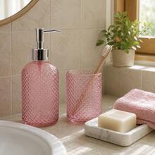 Kit Banheiro Dispenser Sabonete + Copo Vidro Decoração Lavabo Rosa - Rosa Estelar - Visão 3