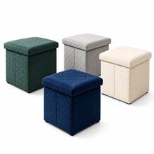 Puf baúl plegable 3 en 1 de terciopelo acolchado, taburete cuadrado almacenable 38*38*35 cm, asiento auxiliar con gran capacidad interior, disponible en 4 tonos elegantes - Azul Marino - Ver 9