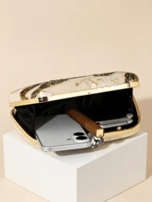 Floral Sequin Embroidered Hard Case Clutch, Elegant Linen Texture Evening Bag With Rhinestone Closure, Suitable For Weddings And Parties - Apricot - View 4